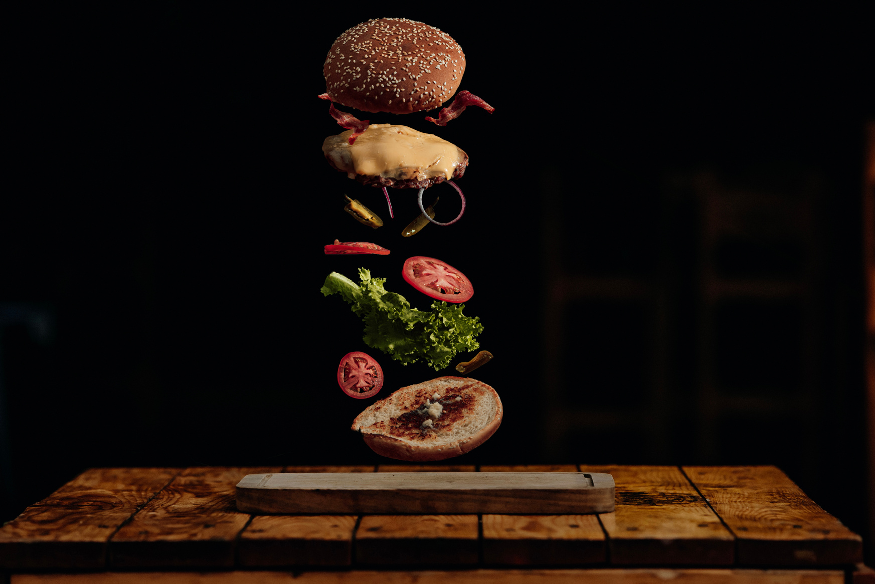 Burger Ingredients in Mid Air for Creative Photography